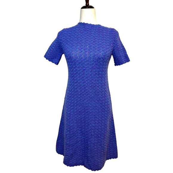 Vintage Handmade Purple Crochet Dress Mod 60s Style Short Sleeve A-Line Retro Bo - Picture 1 of 5
